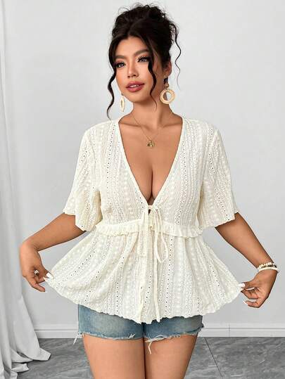 Elenzga Plus Size Hollow Embroidered Fabric V-Neck Short Sleeve Waist Gathered A-Line Ruffle Trim Bow Decor Blouse, Elegant For Casual, Work, Date, Party, Vacation