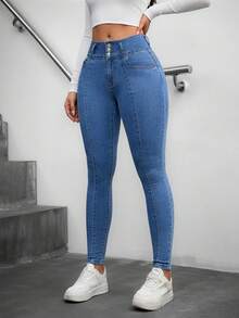 Flexra 女士高弹力开衩修身牛仔裤 - 中等水洗藍 - 查看 4