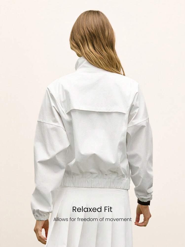 Water-Resistant Sunproof Waist Length High Neck Elastic Hem Mesh Panels Jacket Tennis Pickleball Daily Casual Wear