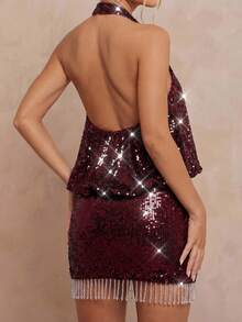 Lumalex 亮片串珠装饰露背紧身迷你连衣裙，饰有人造水晶流苏，性感贴身，适合女性 - 酒紅色 - 查看 7