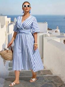 EMERY ROSE Plus Size Women Holiday Vertical Striped Dress, Blue Linen Beach Vacation Dress - Blue - View 7