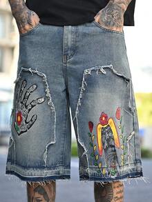 Devon Thys Men's Floral Pattern Frayed Pocket Wide Leg Loose Denim Shorts Hang Out Street Tropical College - Light Wash - View 3