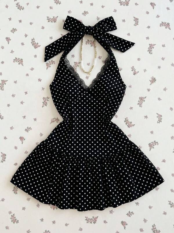 Elamini Women's Polka Dot Contrast Lace Waist Cinched Deep V-Neck Dress Black  Black And White Polka Dot Dress Mini Dress Halter Dress Black Polka Dot Dress