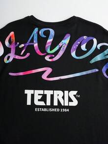 Tetris™ X SHEIN Tween Boy Round Neck Letter Print Casual Versatile Daily Wear Short Sleeve T-Shirt - Black - View 3