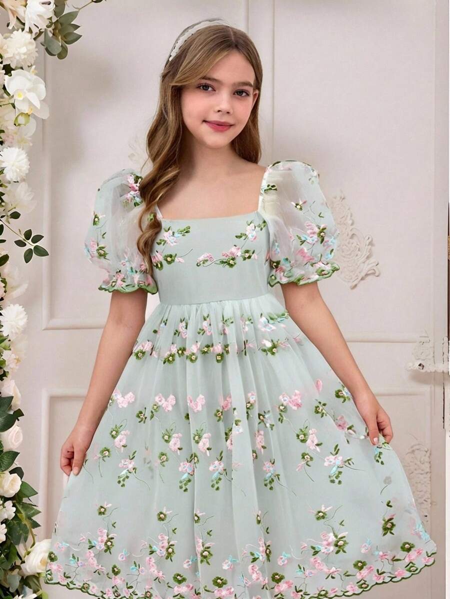 Tween Girl Woven Mesh Embroidered Square Collar Fitted & Flared Princess Dress - Green - View 1