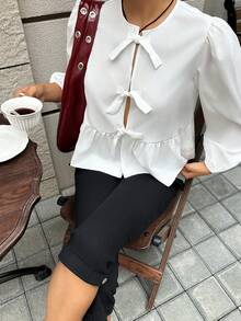K-Vae 女士纯色简约日常长袖衬衫带蝴蝶结装饰，长袖上衣 - 白色 - 查看 6