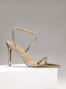 SHUZIA Women's Elegant Rhinestone Pointed Toe Stiletto Heel Sandals - Gold - View 6