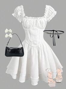 Girlism Tween Girls' White Textured Ruched Waist A-Line Ruffle Hem Short Vacation Dress, Spring/Summer - White - View 3