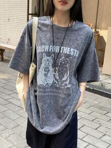 DAZY Women's Round Neck Short Sleeve Printed Loose Pullover Casual T-Shirt - Black - View 6