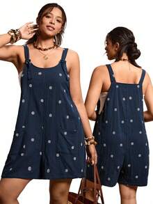 Freevana 100% Cotton Plus Size Women's Daisy Embroidery Inspired Double Pocket Casual Romper - Navy Blue - View 8