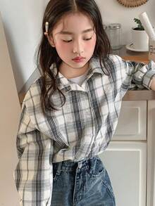Dazy Kids 少女格子长袖单排扣休闲衬衫 - 黑與白 - 查看 2