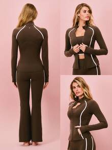 GLOWMODE FeatherFit™ True Potential Slim Fit Contrast Strip Jacket With Thumbholes Side Pockets Low Impact Yoga Pilates Studio Daily Casual Wear - Brown - View 6