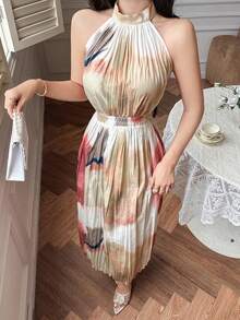 DAZY Bộ đồ 2 mảnh thanh lịch gồm áo không tay và chân váy dài nhuộm màu mực loang dành cho nữ, thích hợp cho mùa xuân/hè. - Hồng - Xem 5