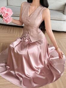 DAZY Bộ 2 món áo vest và chân váy phối màu tương phản thanh lịch dành cho nữ, có túi giả, thích hợp cho mùa xuân/hè. - Hồng - Xem 5