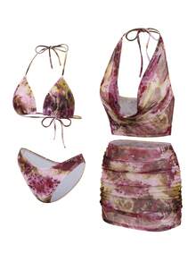 Bonvoyette 4件套女士扎染露背性感泳衣，适合海滩度假和夏季穿着 - 淡紫色 - 查看 7