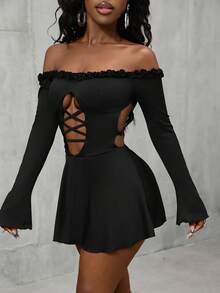 Glyssa Women's Sexy Off Shoulder Sleeveless Backless Lace-Up Long Sleeve Dress - Black - View 4