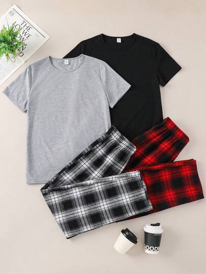 SHEIN 2 piezas Conjunto casual de camiseta de manga corta con cuello redondo y estampado de ciervos y pantalones a cuadros para adolescentes varones, conjunto básico de unicolor versátil adecuado para ir al trabajo, la escuela, uso diario casual, vacaciones, fiestas al aire libre, deportes, pijamas de otoño/invierno para adolescentes varones, conjuntos de pijama, ropa de dormir para adolescentes, pantalones de pijama a cuadros, pijamas de algodón para niños