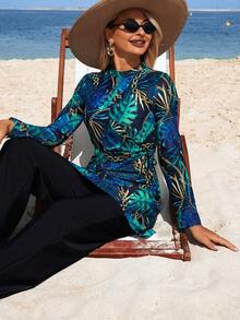 Swim Mulvari 女士中东风情两件套布基尼泳衣套装，新款热销印花长袖连衣裙和直筒裤，优雅休闲沙滩度假泳装套装 - 彩色 - 查看 5