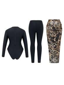 Swim Mulvari Women's New Middle East Hot-Selling Printed Black One-Piece Long Sleeve Top With Sheer Skirt And Skinny Fitted Pants 3-Piece Vacation Modest Fashion Burkini Set, Spring/Summer - Black - View 8