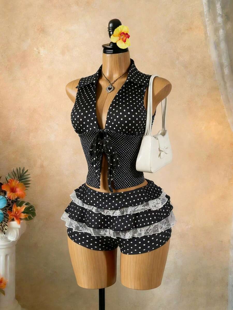 SaltGleam SaltGleam Bộ đồ 2 món gợi cảm cho kỳ nghỉ: áo và chân váy ren chấm bi phối ren. - Đen và trắng - Xem 1