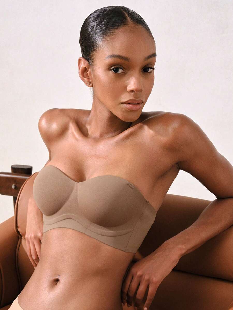 1pc Women's Bra With 3-Row Hook & Removable Straps - Coffee Brown - View 1