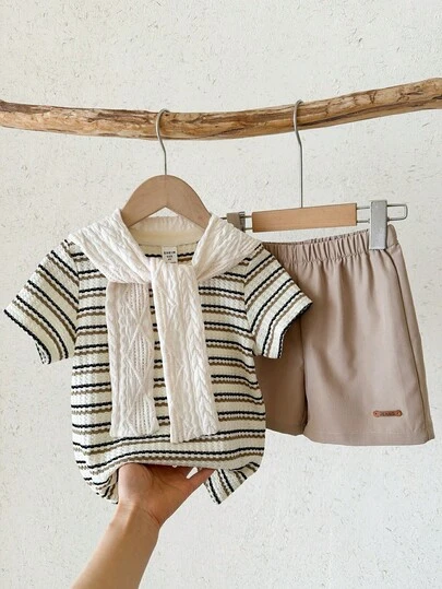 3pcs/Set Young Boy's Casual Apricot Striped Short Sleeve Top And Khaki Shorts Set, Suitable For Summer And Spring Outdoor, Sports And Play