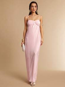 Silquee 女士纯色褶皱优雅吊带裙 - 粉色 - 查看 3