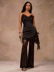 Opulessa 女士优雅性感蕾丝拼接不对称下摆露背吊带迷你连衣裙，夏季 - 黑色 - 查看 6