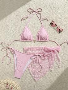 Swim Mod Bộ bikini gợi cảm mùa hè dành cho nữ, kiểu buộc dây cổ, có trang trí kim loại, kèm váy ngắn. - Hồng - Xem 1