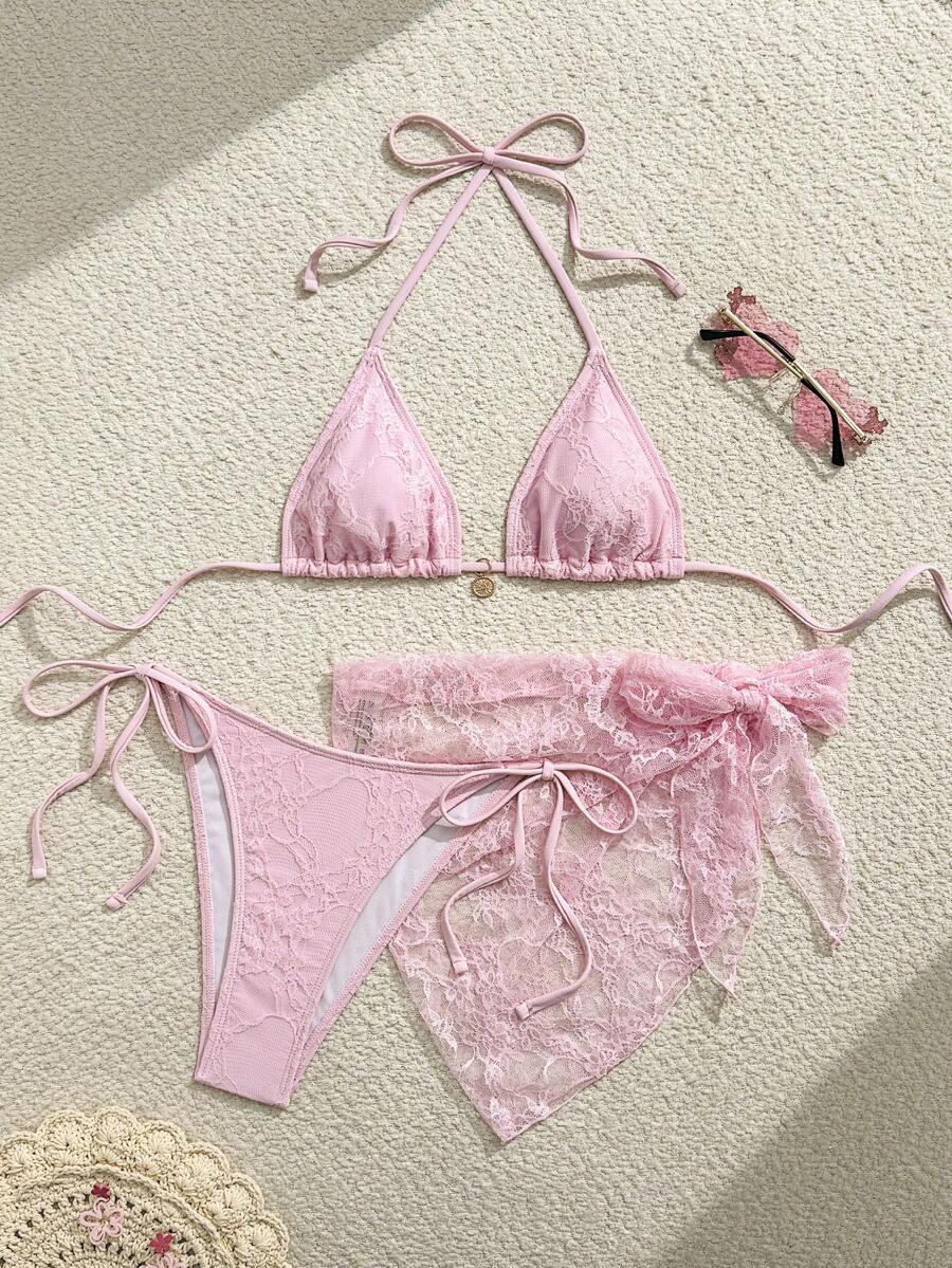 Swim Mod Bộ bikini gợi cảm mùa hè dành cho nữ, kiểu buộc dây cổ, có trang trí kim loại, kèm váy ngắn. - Hồng - Xem 1