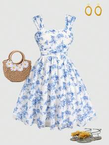 SHEIN 少女优雅碎花中长连衣裙 - 彩色 - 查看 6