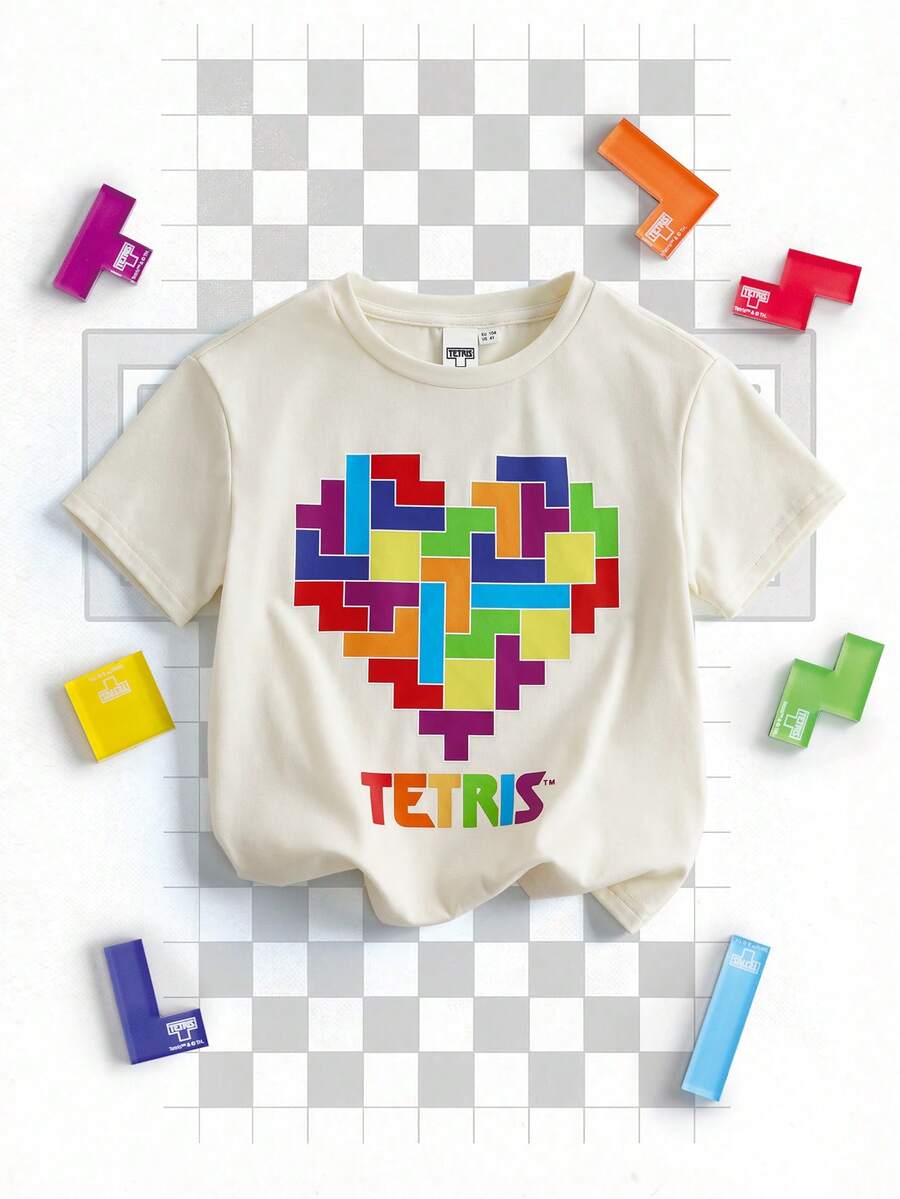 Tetris™ X SHEIN 1pc Casual Young Girl Round Neck Short Sleeve Heart & Letter Print T-Shirt - Apricot - View 1