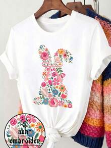 EMERY ROSE Vintage Cute Rabbit Pattern Round Neck Short Sleeve Plus Size T-Shirt - White - View 3