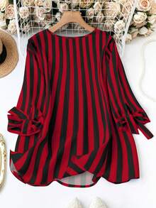 Plus Size Women's Colorblock Striped Print Long Sleeve Shirt For New Year Clothes - Red - View 2