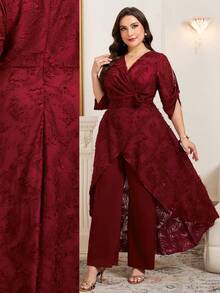 Reflora Plus Size Burgundy Elegant Wedding Jumpsuits For Women,Winter Crossover Wrap Ruched Waist Floral Decor Mid-Rise Jumpsuit, Party Outfits - Burgundy - View 7