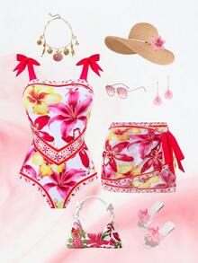 Breezaya Damen 2-teiliger Hibiskus Weiß Blumenmuster Neckholder Rückenfrei Badeanzug mit passendem Rock,Sommer Boho Urlaub Poolparty Hawaiianischer Vintage Strandurlaub - Verschiedenfarbig - Übersicht 3