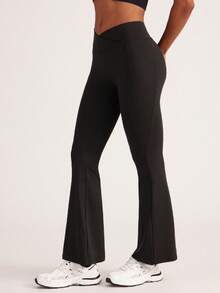 Easithlete 女式 V 形交叉腰带瑜伽紧身裤，女式喇叭腿，高腰喇叭裤，阔腿瑜伽裤，弹力工作裤，适合健身、运动、跑步、骑行、瑜伽、泡菜球运动、休闲 - 黑色 - 查看 4