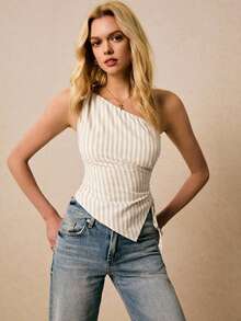 Poéselle Blusa sin mangas asimétrica casual a rayas para mujer, de verano - Albaricoque - Ver 5
