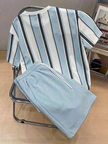 Manfinity Joysei 男士简约条纹图案T恤套装，两件套男士服装，夏季 - 藍色 - 查看 2