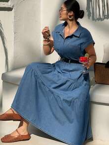 Dazy Plus Vestido vaquero de manga corta con cintura ceñida, de estilo retro lavado azul con cuello de solapa y apertura frontal, para primavera/verano - Azul lavado medio - Ver 9