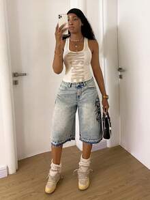 StreetHx Y2K Casual Retro Street Style Printed Low-Waist 7/8 Length Jeans - Light Wash - View 3