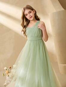 Elegant Flowing Mesh One Shoulder Twist Waist Flared Dress, Suitable For Weddings, Galas, Birthdays, Parties, All Seasons - Green - View 3