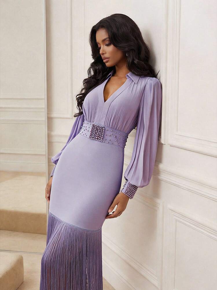 Women's New Sexy Bodycon Pleated Pearl Beaded Long Lantern Sleeve Bandage Elegant Party Chiffon Dress, Purple Cocktail Gown