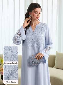 Al Najma Spring/Summer Fashion V-Neck Flare Sleeve Patchwork 3D Embroidery Ruffle Hem Robe Islamic Dresses Abaya For Women Modest Dress Dress With Lace Sleeves - Baby Blue - View 4