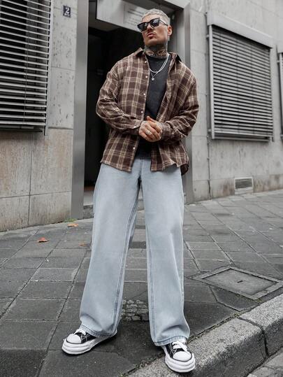 Artur Kramer 男士宽松棉质格子印花落肩衬衫，秋季情侣装，长袖上衣