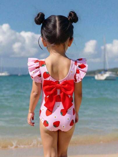 SHEIN Bañador de una pieza con estampado de fresa, manga corta, lazo y contraste de color para niñas bebé, Bañador de una pieza con lazo, parche y contraste de color, tirantes de espagueti, para verano, natación y vacaciones en la playa para niñas bebé