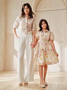 Anewsta 女童碎花连衣裙，配腰带，春夏款 - 杏色 - 查看 7