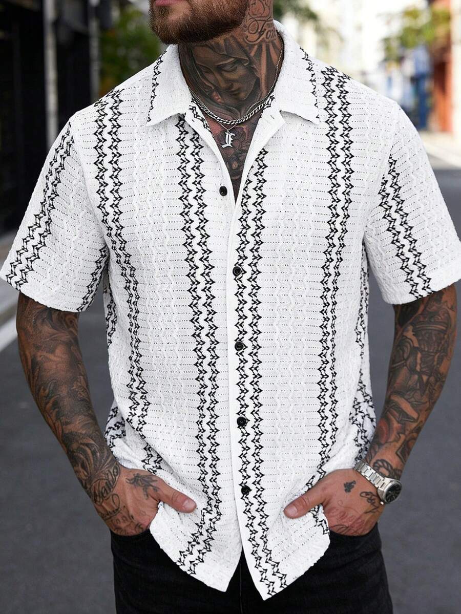 VENTUSAIL 男士白色纹理针织提花休闲短袖衬衫 男士钩针衬衫 男士衬衫 男士衬衫 黑白夏威夷衬衫 - 白色 - 查看 1
