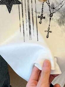 少女休闲简约五角星印花图案T恤，朋克风修身圆领短袖露脐常规款T恤，适合夏季穿着 - 彩色 - 查看 5