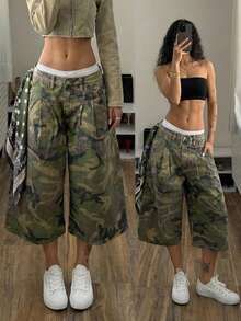 StreetHx Y2K Casual Street Style Camouflage Low-Waist 7/8 Jeans - Medium Wash - View 2